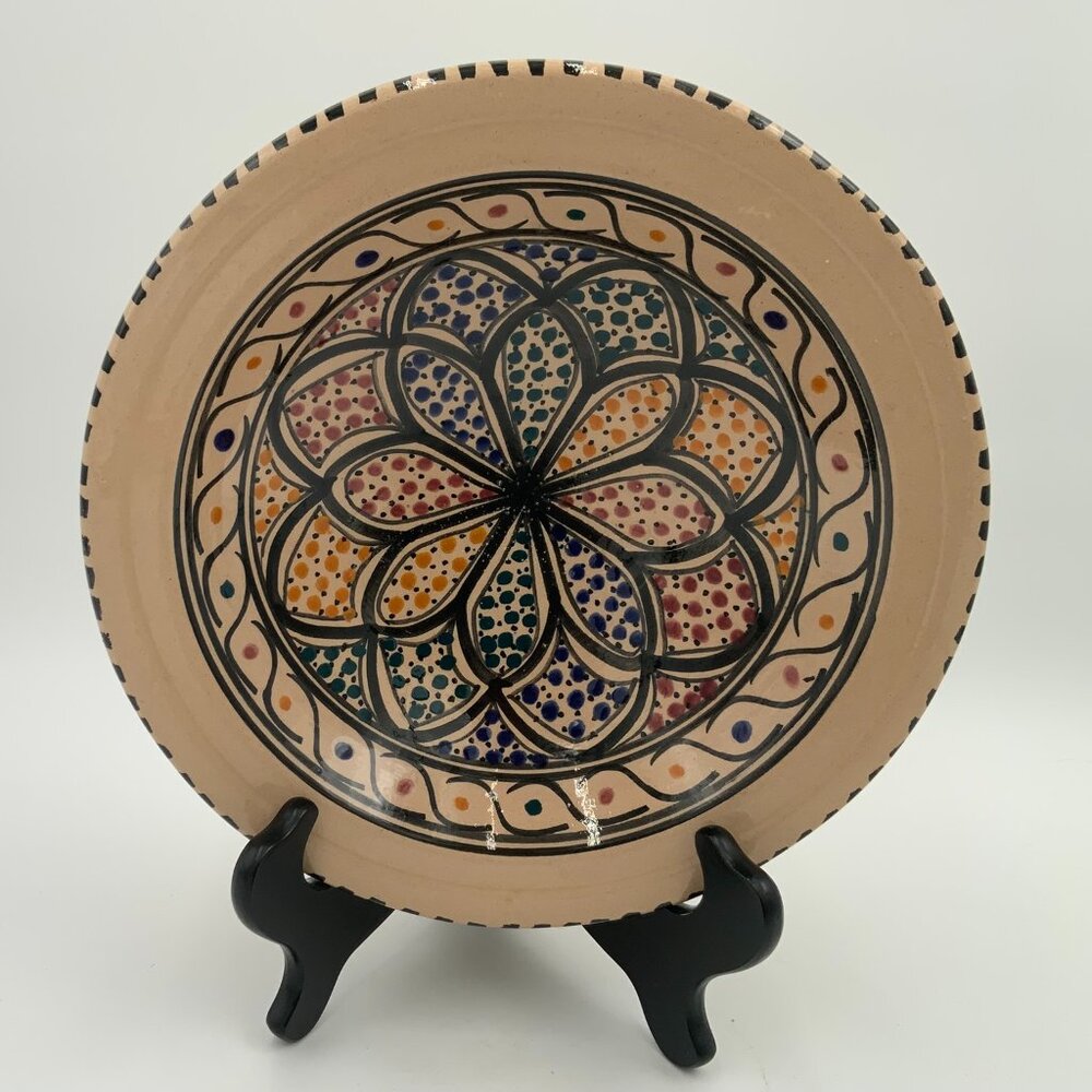 Tunisian Colorful Polka Dot Floral Hand Painted Vintage Pottery Bowl 9"